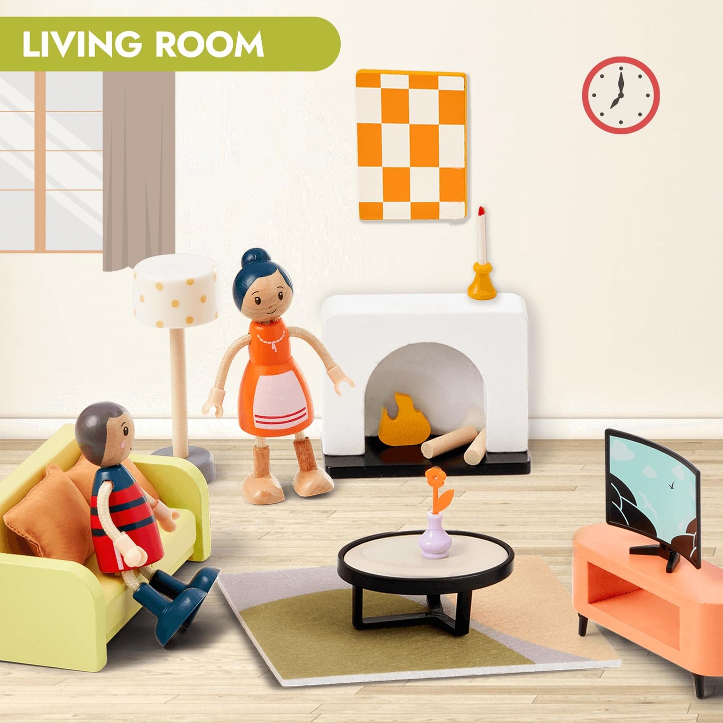 Giant bean 85pcs Wooden Plastic Dollhouse Furniture Set for 6 Rooms, Modern Dollhouse Accessories Pretend Play Furniture Toys for Boys Girls Toddlers & Kids 3 4 5 6 7 Years and up