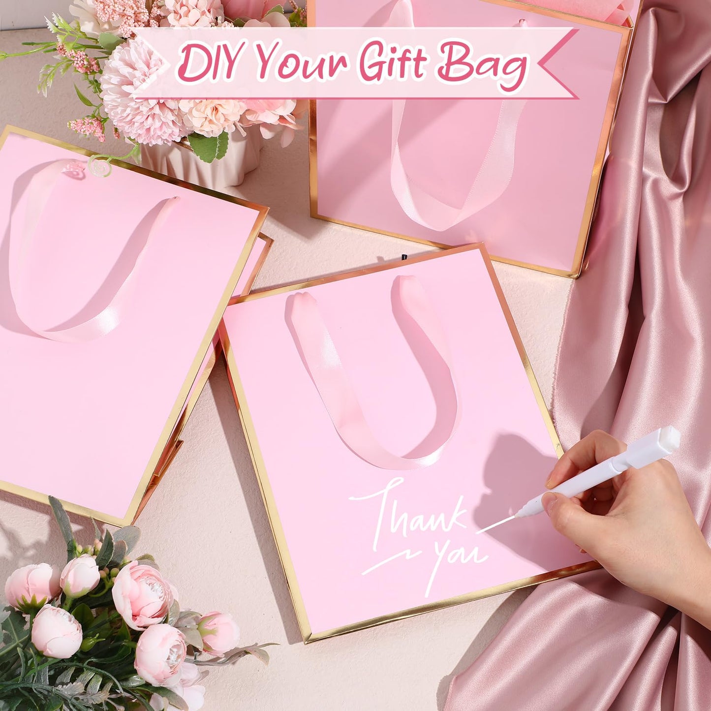 Yeaqee 24 Pack Metallic Paper Gift Bags with Handle and Tissue 9x7x3.1 Gold Foil Welcome Favor Bags Return Gifts for Wedding Fall 5 Senses Christmas Bridesmaid Birthday(Pink Gold)