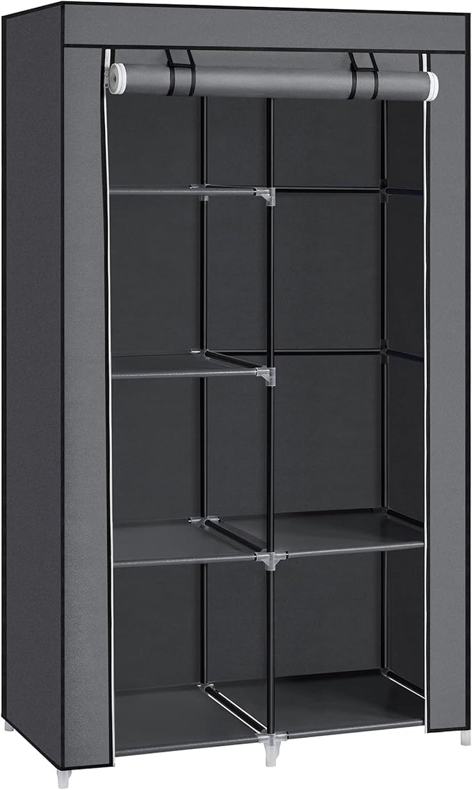 SONGMICS Portable Closet, Clothes Storage Organizer with 6 Shelves, 1 Clothes Hanging Rail, Non-Woven Fabric Closet, Metal Frame, 34.6 x 17.7 x 66.1 Inches, Grey URYG84GY