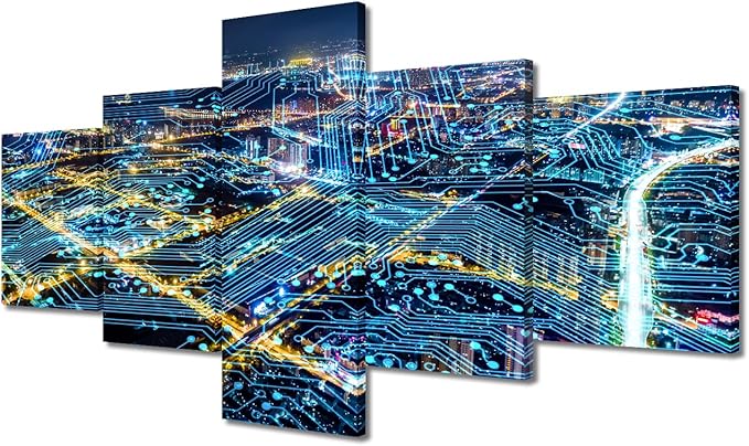 Internet Covered City Posters Modern Home Decoration 5 Panel Smart City Poster Classroom Wall Decor Teacher Office Bedroom Canvas Decorate Abstract Point Picture Printing Frame Ready to Hang 50x24 Inch