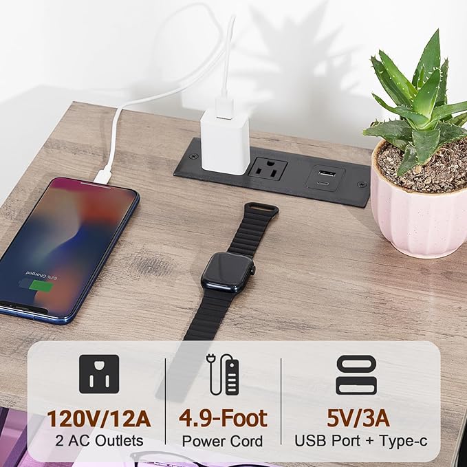 AMHANCIBLE Night Stand Set 2, LED Nightstand with Charging Station, End Tables Living Room with Fabric Drawers, Bedside Table for Bedroom, Greige, HET052LGY