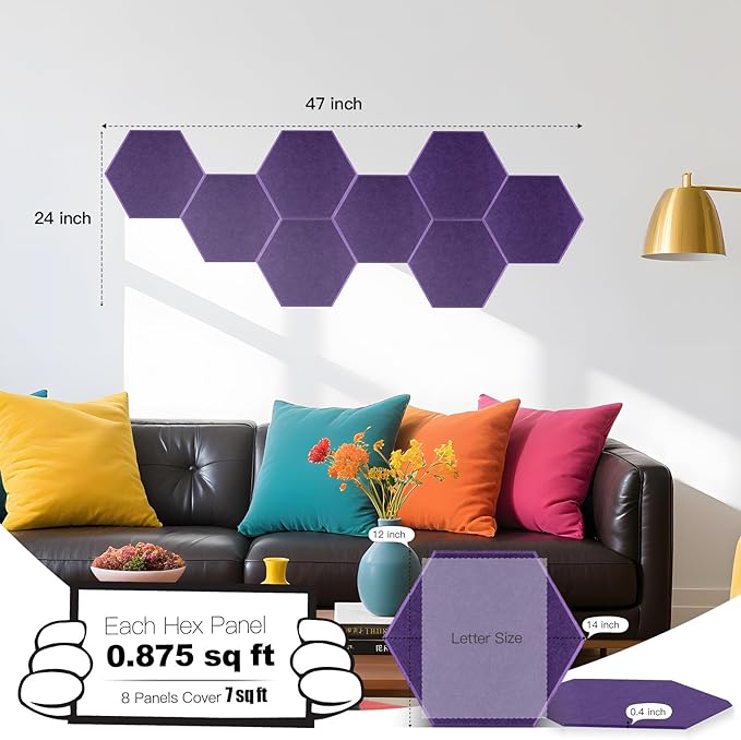 Mollywell Hexagon Acoustic Panels 14x12 - Reduce Echo & Reverb, Noise Blocking Wall Tiles for Studio & Bedroom, Violet Sound Absorbing Panels