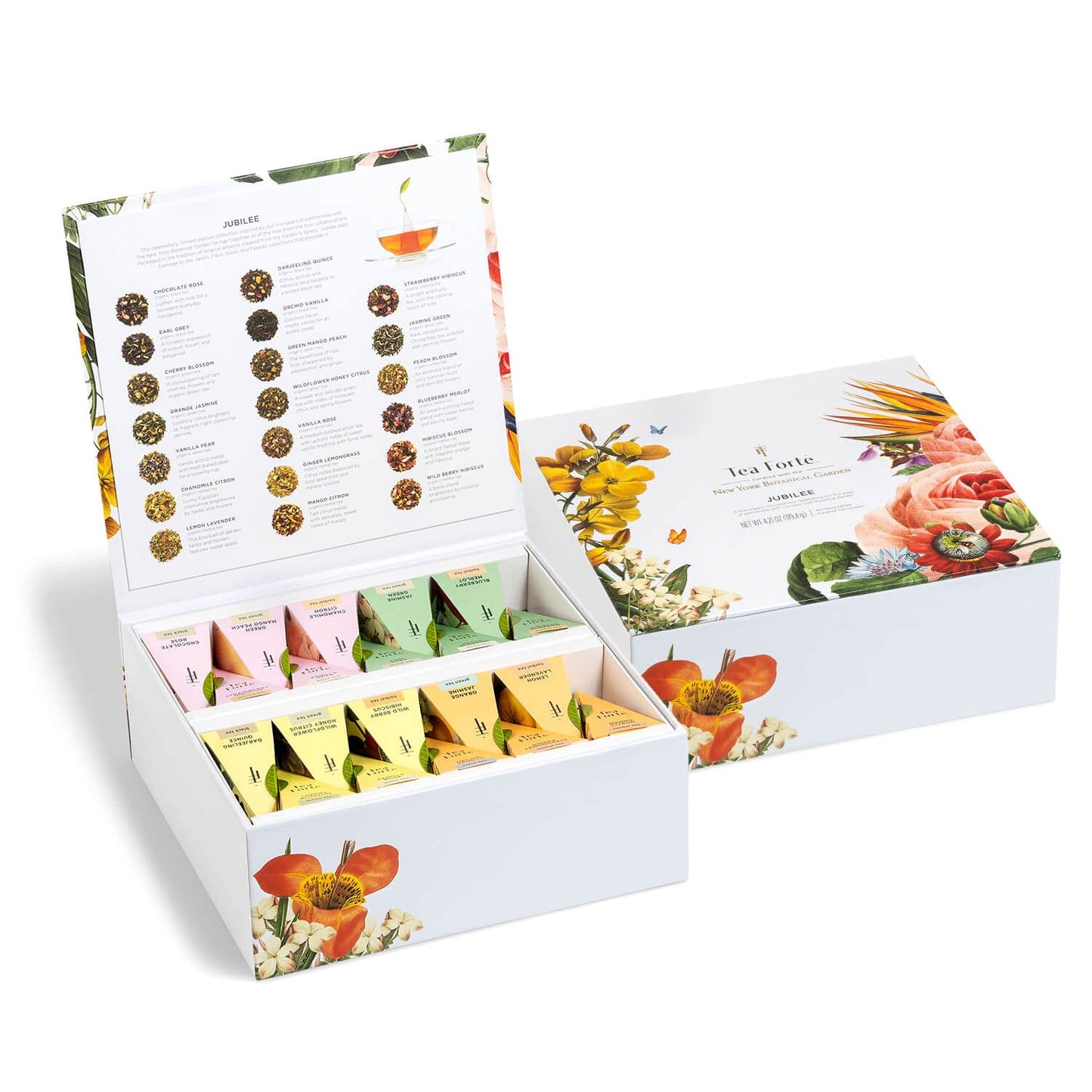 Tea Forte Jubilee Premium Tea Chest Gift Sampler, 40 Count, 2 of each Variety Blend Individually Wrapped Handcrafted Pyramid Infuser Bags