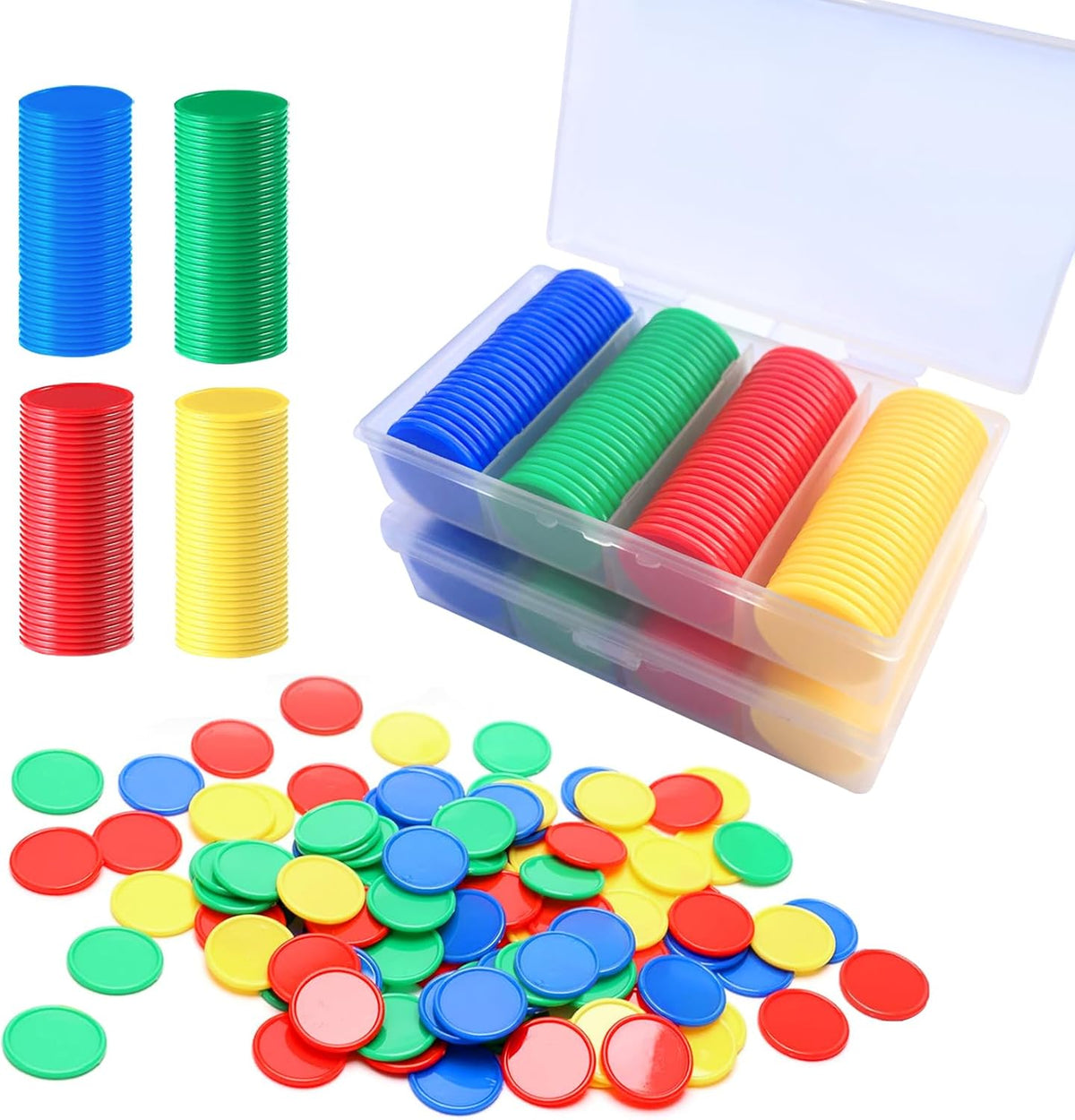 200pcs Math Counters,1 Inch Bingo Chips,4 Colors with Storage Box Plastic Poker Chips,for Education,Math Counters,Round Game