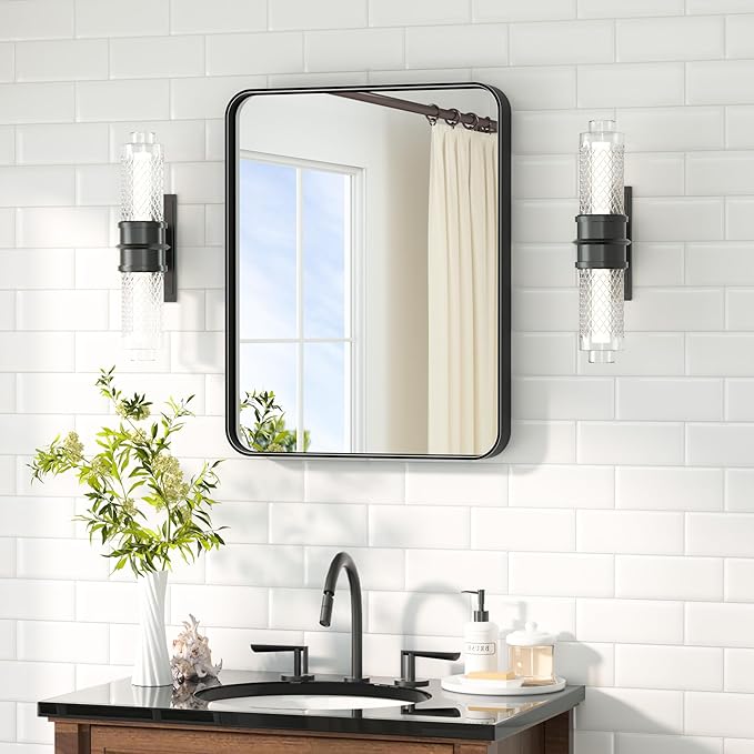 TETOTE Black Mirror 16 x 20 Matte Black Metal Framed Bathroom Mirror, Tempered Glass, Modern Farmhouse Wall Mounted Mirror for Decorative(Horizontal/Vertical)