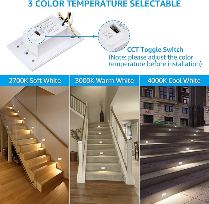 LEONLITE 3CCT LED Step Lights 120V-277V, 150LM 2.5W Dimmable Horizontal Stair Lights Indoor Outdoor IP65, CRI90 & ETL, 2700K/3000K/4000K Selectable Zinc Alloy Staircase Lights, White, 6 Pack