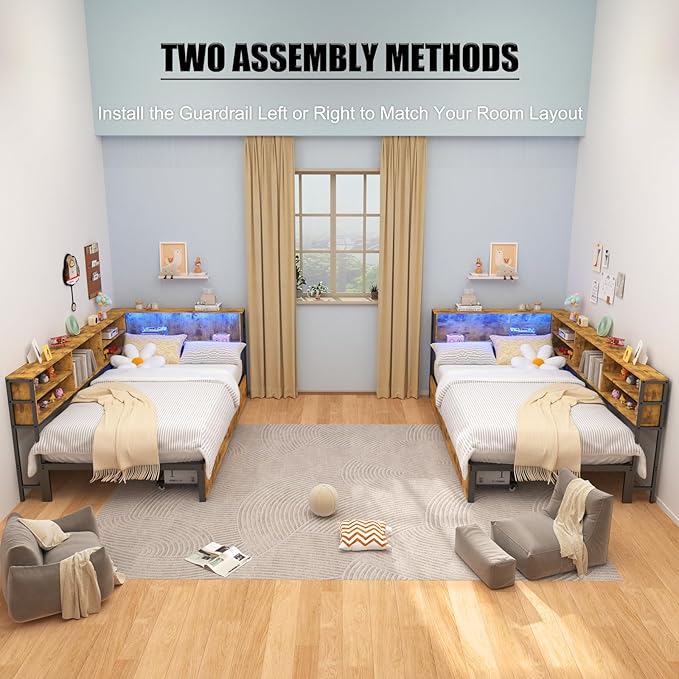Corner Bed Frame Twin with Storage, L Shaped Daybed for Kids, Twin Corner Bed with Drawers, Shelves, RGB LED Lights & Charging Station, Sturdy Metal Kids Twin Bed for Girls Boys,Brown