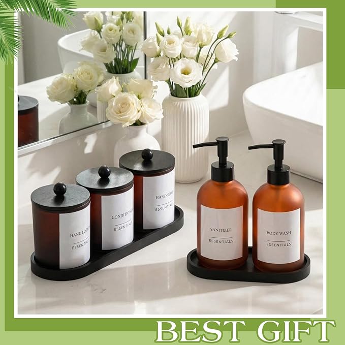 Yaomiao 5 Pack Amber Frosted Glass Bathroom Accessories Set Complete, Kitchen Modern Liquid Soap Dispenser Set with Pump and Wood Tray, Toothbrush Holder Cotton Swab Jars with Lids for Sink Countertop