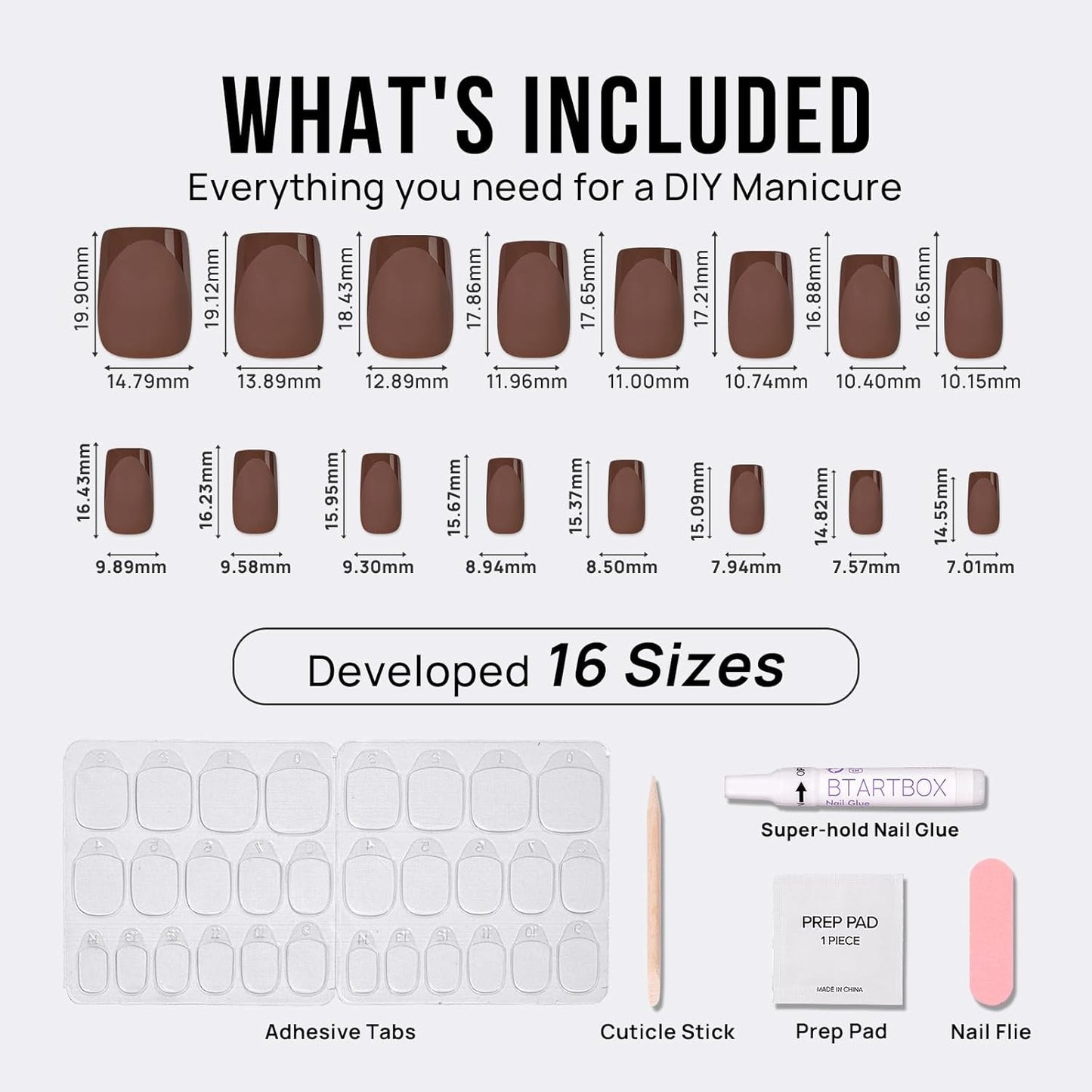 BTArtbox Press on Nails Short Square - Dark Brown Nails with Glossy French Tips in a Matte Finish, Soft Gel Fake Nails Glue On Nails in 16 Sizes for Gift, Coffee Toffee