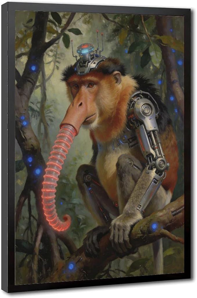 Framed Steampunk Mechanical Proboscis Monkey Wall Art - Jungle Neon Retro Poster for Apartment Leisure Area Decor 20x30in