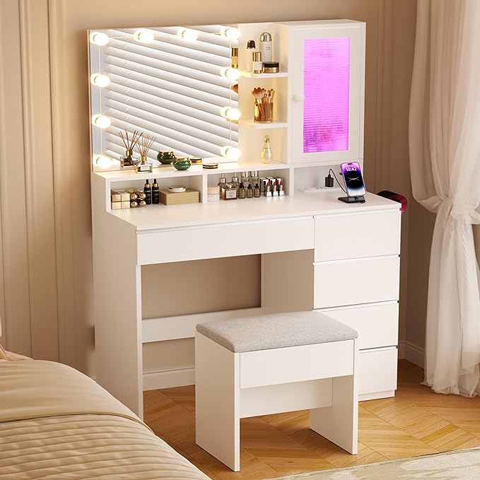 Vanity Desk with LED Lights Mirror, 35.43" Modern Makeup Table with 6 Storage Drawers & Stool for Ladies and Girls, RGB Light Makeup Desk with Power Outlet for Bedroom Dressing Room, White