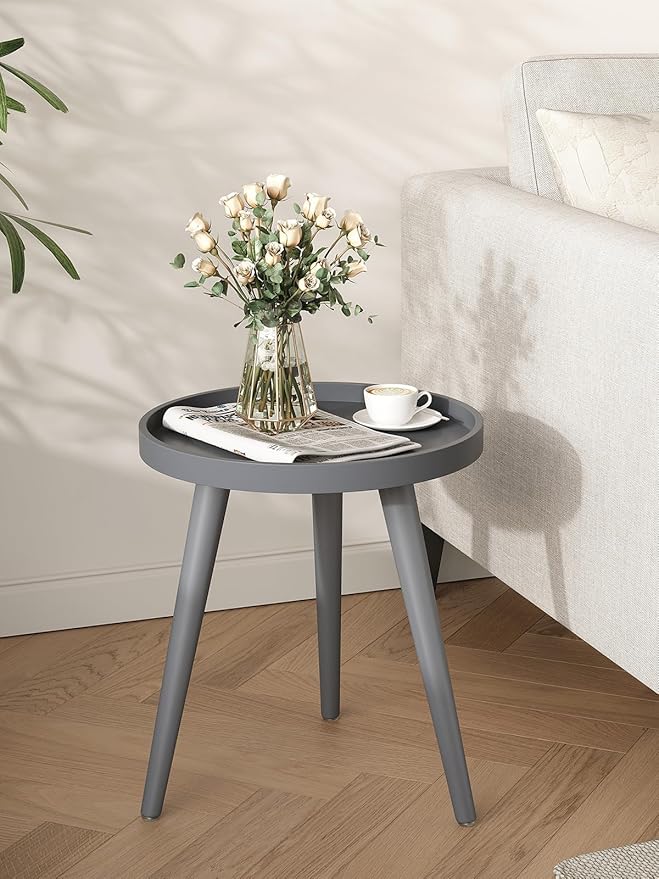 Apicizon Grey Round Side Table Set of 2, Tray Nightstand Sofa Coffee End Table for Living Room, Bedroom, Small Spaces, Easy Assembly Bedside Table, 15 x 18 Inches, Grey