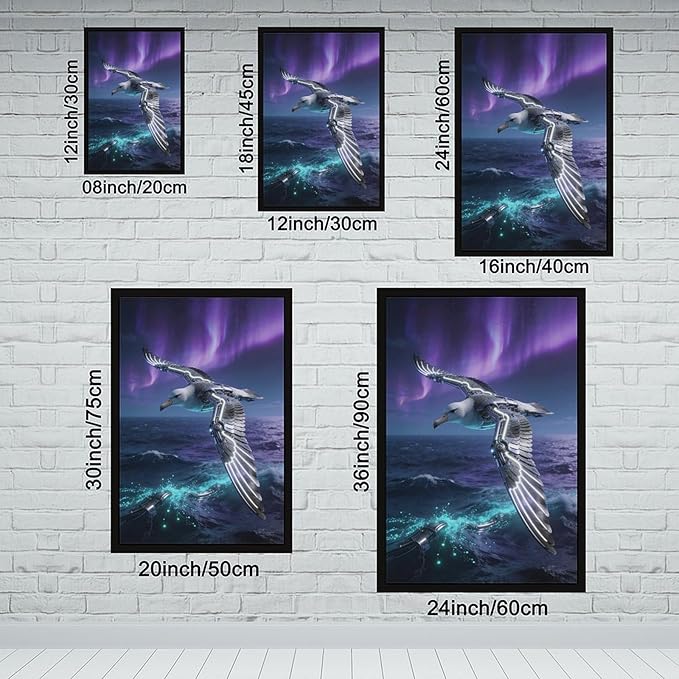 Framed Steampunk Mechanical Seagull Wall Art - Aurora Ocean Retro Poster for Bedroom Game Room Decor 24x36in
