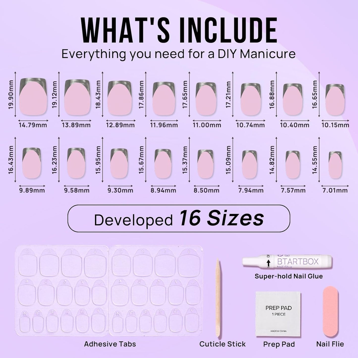 BTArtbox Press on Nails Short - French Tip Press On Nails Square, Silver Glue On Nails, Long Lasting & Natural Stick On Nails in 16 Sizes - 30 Fake Nails Kit, Rock Star