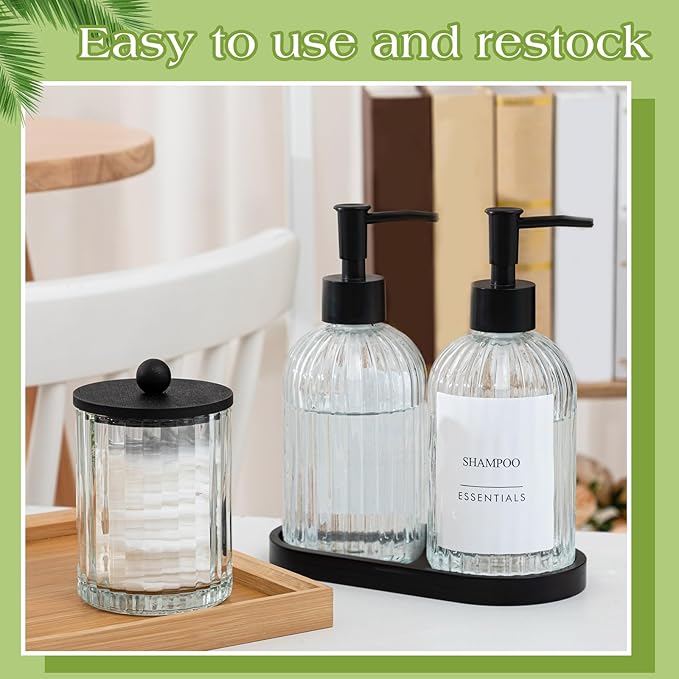 Yaomiao 5 Pack Bathroom Accessories Set, Modern Bathroom Decor Sets, Glass Liquid Soap Dispenser, Vanity Tray, Toothbrush Holder, Cotton Swab Jars with Lids for Sink Countertop(Clear,Striped)
