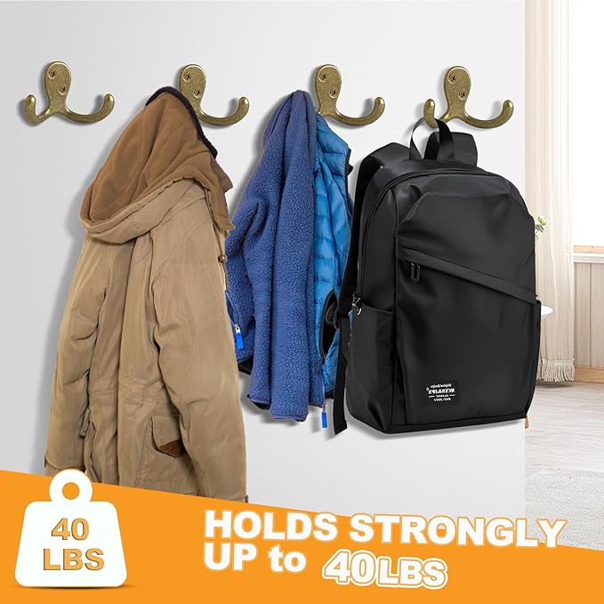 15 Pack Coat Hooks Wall Hooks for Hanging, Heavy Duty Double Prong Metal Hook Wall Mounted for Living Room, Bathroom, Kitchen, Bedroom for Coat, Bag, Scarf, Towel, Hat, Key, Cup (Bronze)