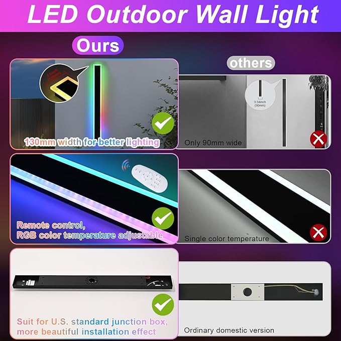 Modern RGB Long Outdoor Wall Lights for House,2 Pack RGB LED Wall Light Fixture,40 inch Led Liner Wall Sconce Lights,Dimmable Exterior lighting Fixtures for Porch,Garage,Patio with Romote Control