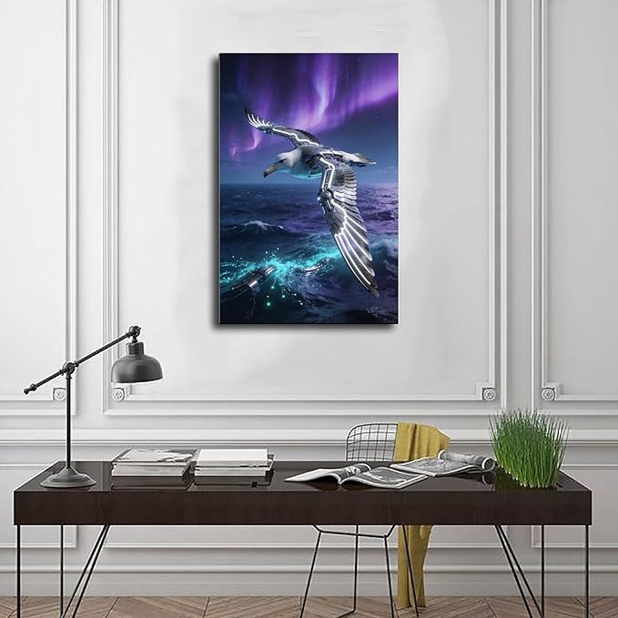 Framed Steampunk Mechanical Seagull Wall Art - Aurora Ocean Retro Poster for Bedroom Game Room Decor 24x36inch(60x90cm)