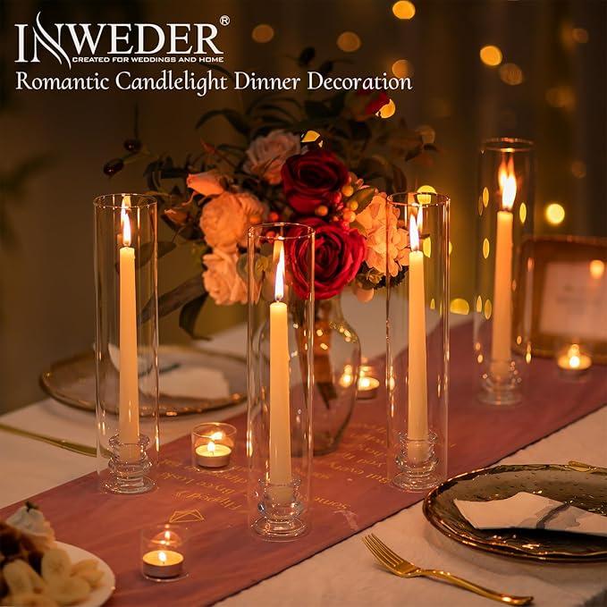 Glass Hurricane Candle Holder: 12" Tall Candlestick Holder Bulk with Cylinder Windproof Cover Set of 6 Clear Taper Candle Holders for Wedding Party Birthday Christmas Decor