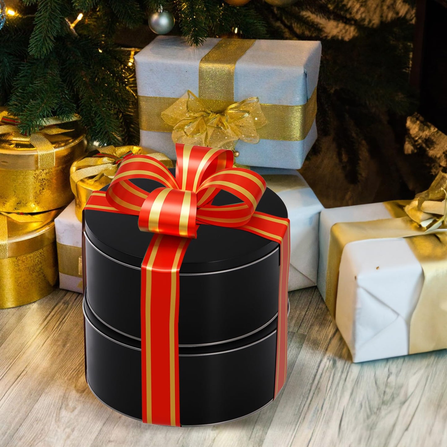 Yopay 3 Pack Cookie Tin with Lid, Round Gift Tin, Black Baking Cake Container for Storing Patisseries, Snack, Chocolate, Easter, Special Occasion, Holidays, 7" Wide by 3.2"" Tall"