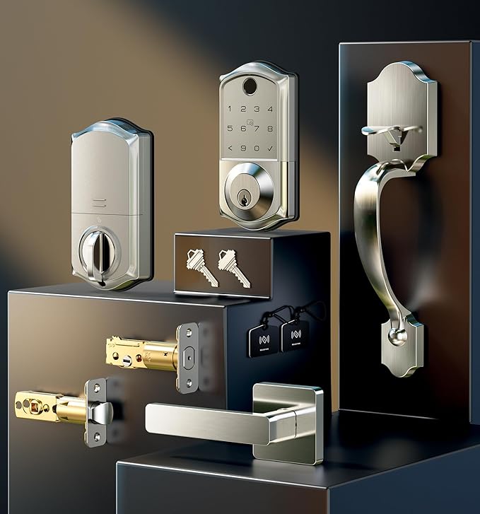 Veise VE017-H Fingerprint Smart Front Door Lock Set, App Control, 8-in-1 Keyless Entry Deadbolt with Zinc Alloy Handles, Emergency Power Port, Touchscreen Keypad, Auto Lock, Easy Install, Satin Nickel