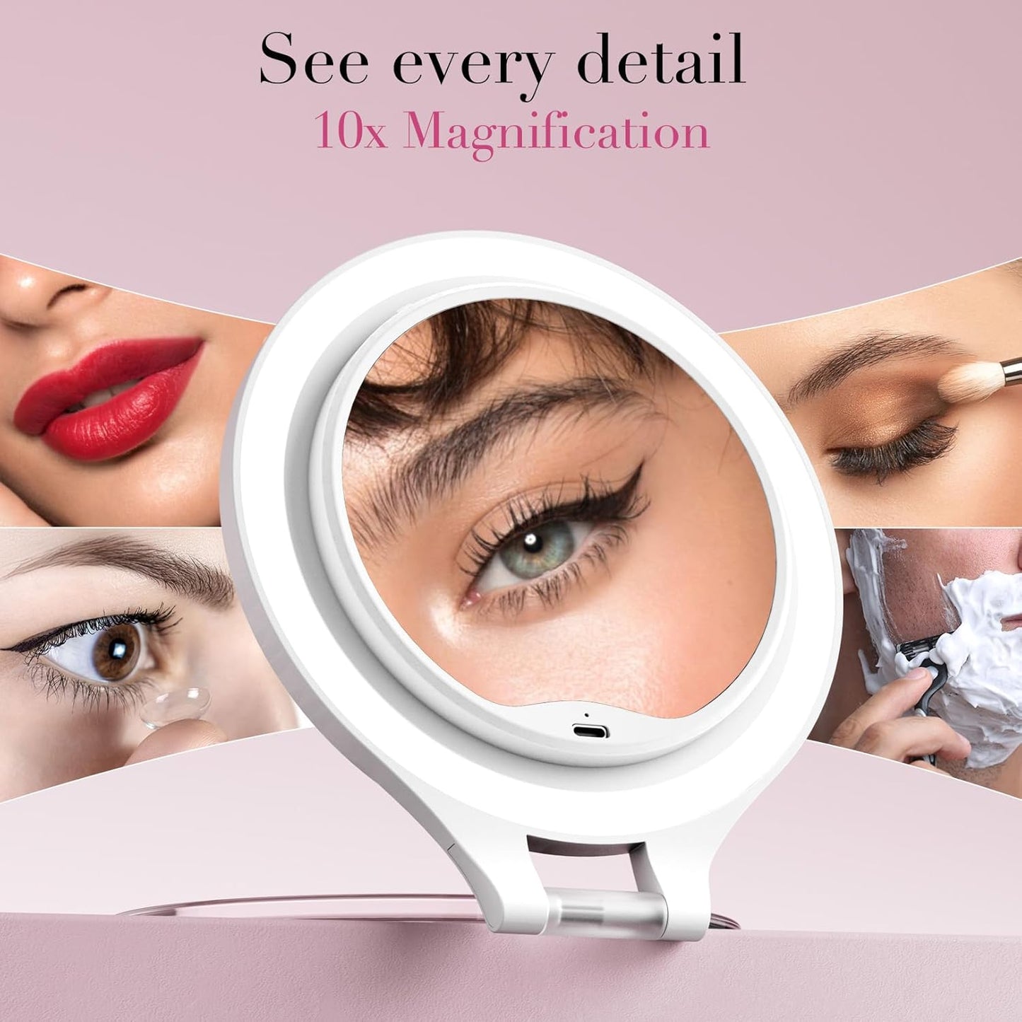 FASCINATE Magnifying Mirror with Light 10X/1X, Double Sided Travel Mirror with Light, Rechargeable Makeup Mirror with 3 Color Setting Adjustable Stand Lighted Mirror Vanity Portable Desk Cosmetic