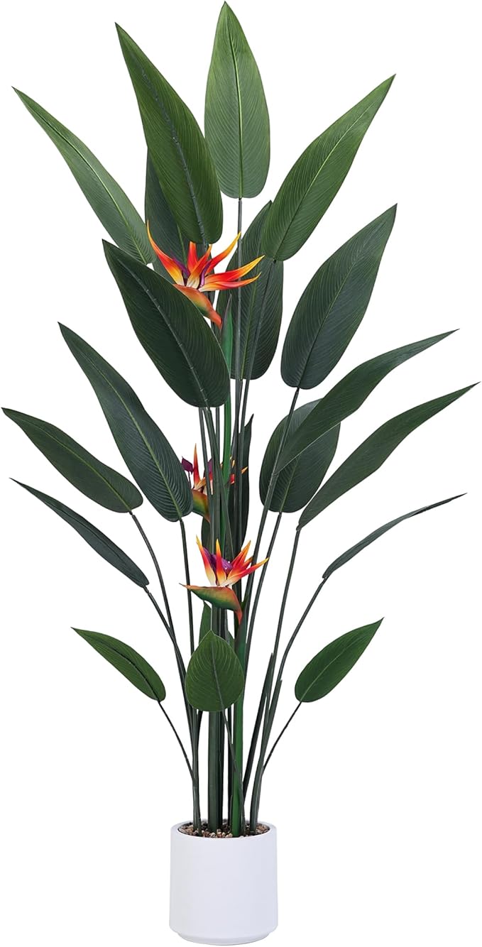 Artificial Bird of Paradise Plant 5 Ft Tall Fake Banana Leaf Plant for Indoors and Outdoors, Artificial Flowers, Faux Palm Tree with Plastic Pot for Office and Home Decor