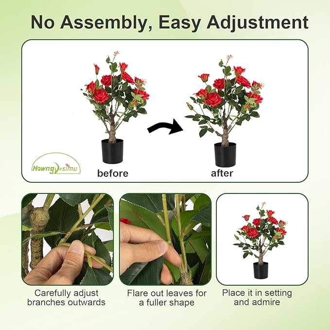 Artificial Rose Flower Trees 2 Pack- 24’’ Lifelike Plant in Pot with Red Flowers Decorative Rose Trees for Home, Office, Wedding, and Event Decor, Red