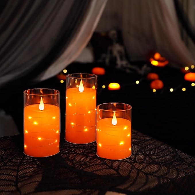 Homemory Halloween Orange Flameless Candles with String Lights, Battery Operated LED Candles with Remote and Timer, Candles for Halloween Decoration, Fall, Harvest Festival