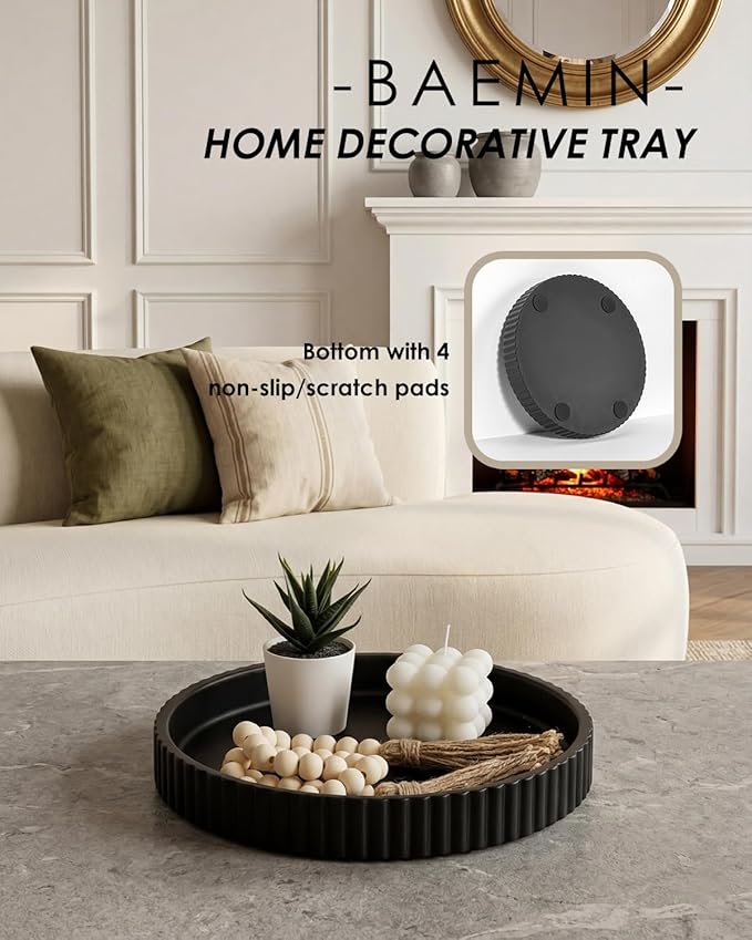Concrete Coffee Table Tray, 11" Decorative Tray for Home Decor, Sturdy Modern Centerpiece, Round Serving Tray with Fluted Edge, Black