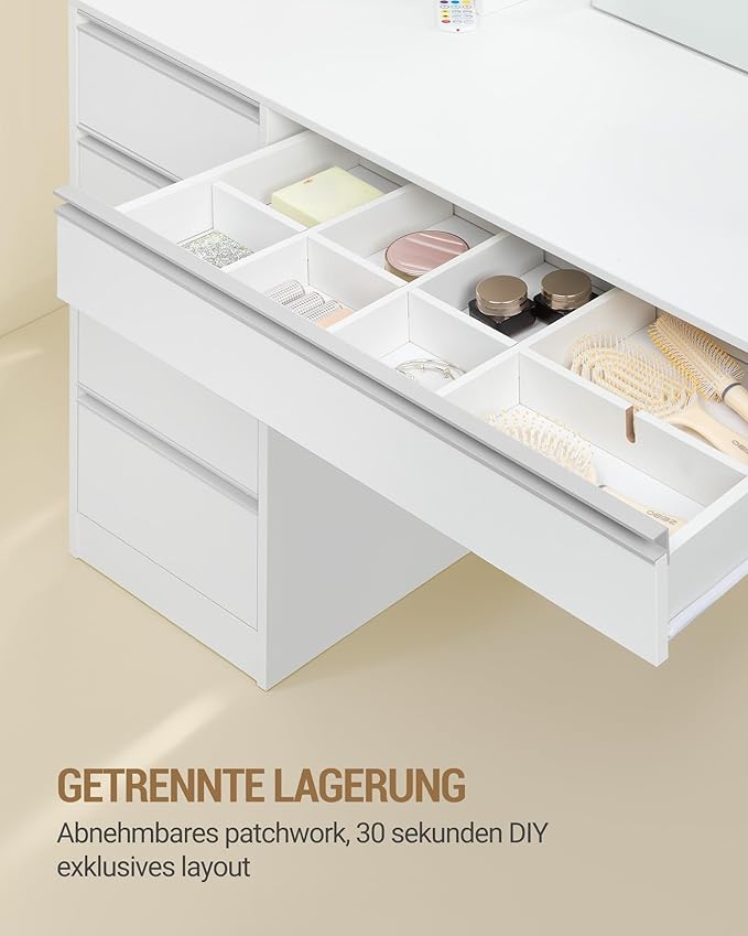 Vanity Desk with Mirror, Makeup Vanity with RGB Led Lights,Dressing Table with Power Strip,8 Drawers & 8 Storage Shelves, 47.2inch Desktop, Modern, White