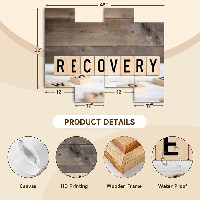 Canvas Wall Art Prints Pictures Recovery from wooden letters Framed Posters Modern Wall Painting Artwork Gift Home Decor for Living Room Ready to Hang 4 Panel