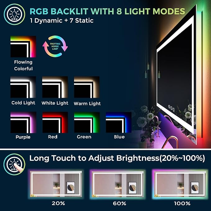 72x36 Inch RGB LED Bathroom Mirror Front Light and RGB Backlit Lighted Vanity Mirror for Bathroom Wall Mounted Dimmable Anti Fog Memory Shatter-Proof IP54 Waterproof Horizontal/Vertical