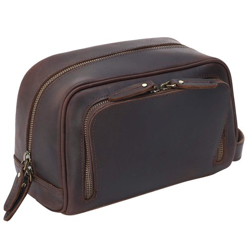 Polare Vintage Full Grain Leather Handmade Travel Toiletry Bag for Men - Dopp Kit - Shaving Kit with YKK Metal Zippers A-Dark Brown