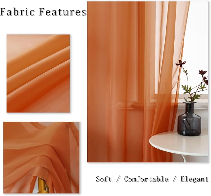 DUALIFE 45 Inch Length Sheer Short Curtains Burnt Orange for Bathroom 2 Panels Set Grommet Transparent Short Curtains for Bedroom Kitchen 52x45 Inches Long Terracotta Rust