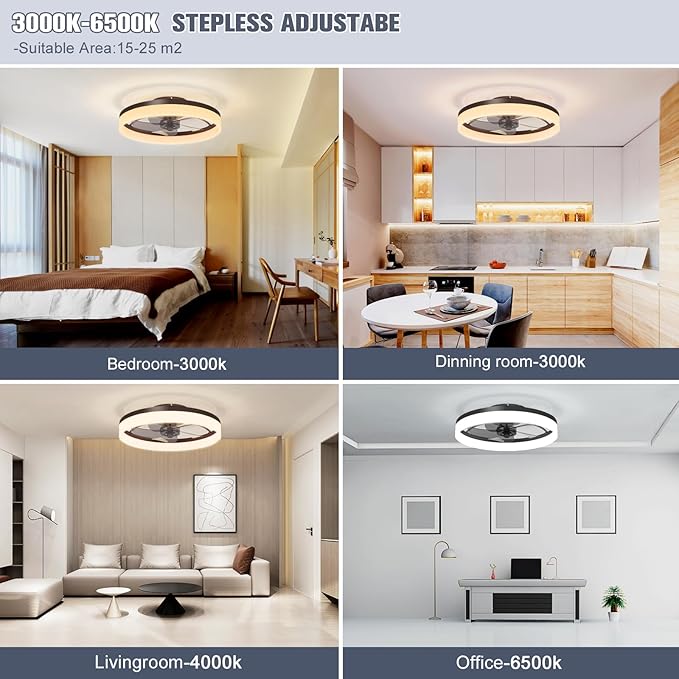 VOLISUN Low Profile Ceiling Fans with Lights and Remote, Fandelier Ceiling Fan Flush Mount, 3000K-6500K Smart Bladeless LED Fan Light, Black Modern Ceiling Fans with Lights for Bedroom