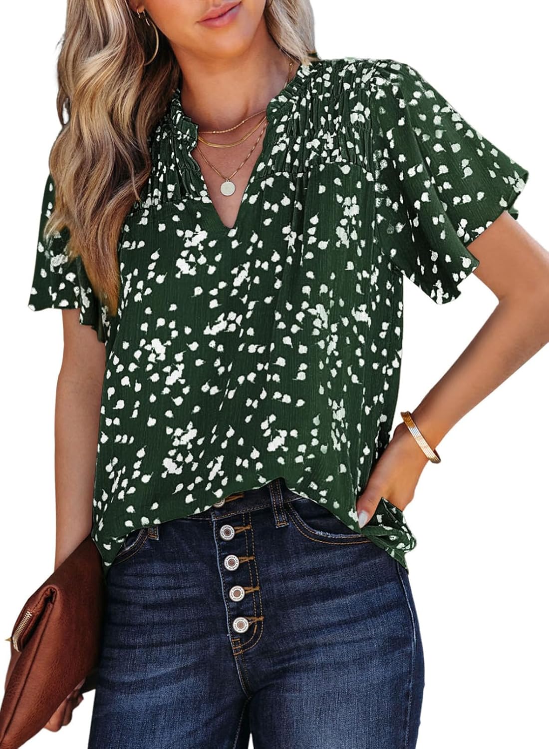 SHEWIN Women's Casual V Neck Floral Print Smocked Short Sleeve Chiffon Blouses Bohemian Top Shirts