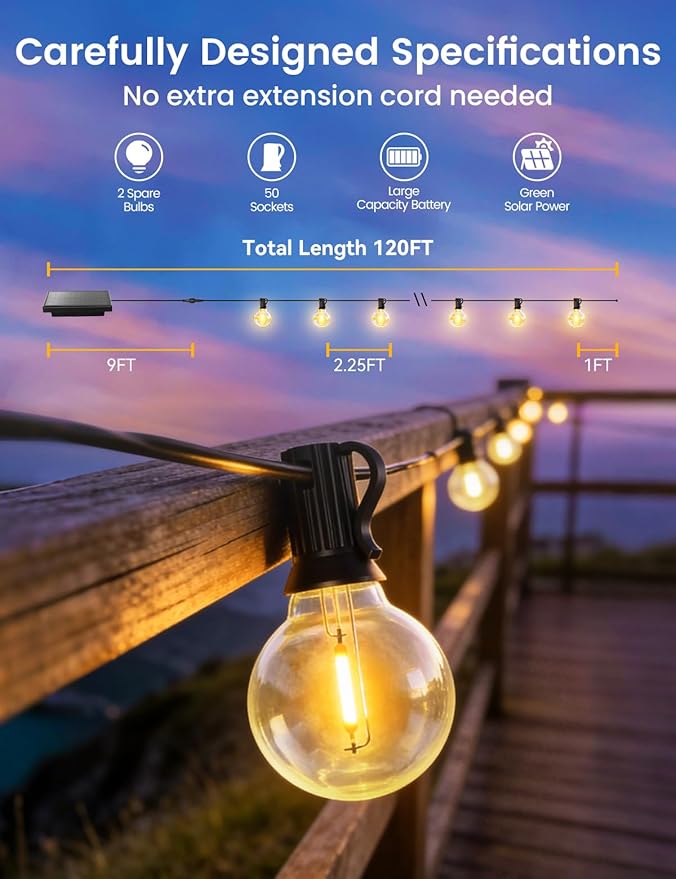 Brightever 120FT Solar String Lights Outdoor with Remote, Waterproof Dimmable 3 Modes Outdoor Lights with 50+2 LED Shatterproof G40 Bulbs, Solar Power Patio Lights for Outside Wedding Party Decor
