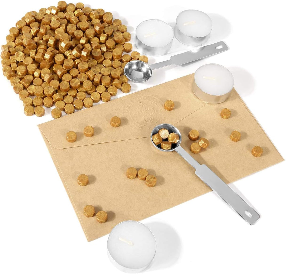 Yoption 300 Piece Octagon Seal Wax Beads with 4 Candles and 2 Melting Spoons for Wax Seal Stamp (Gold)