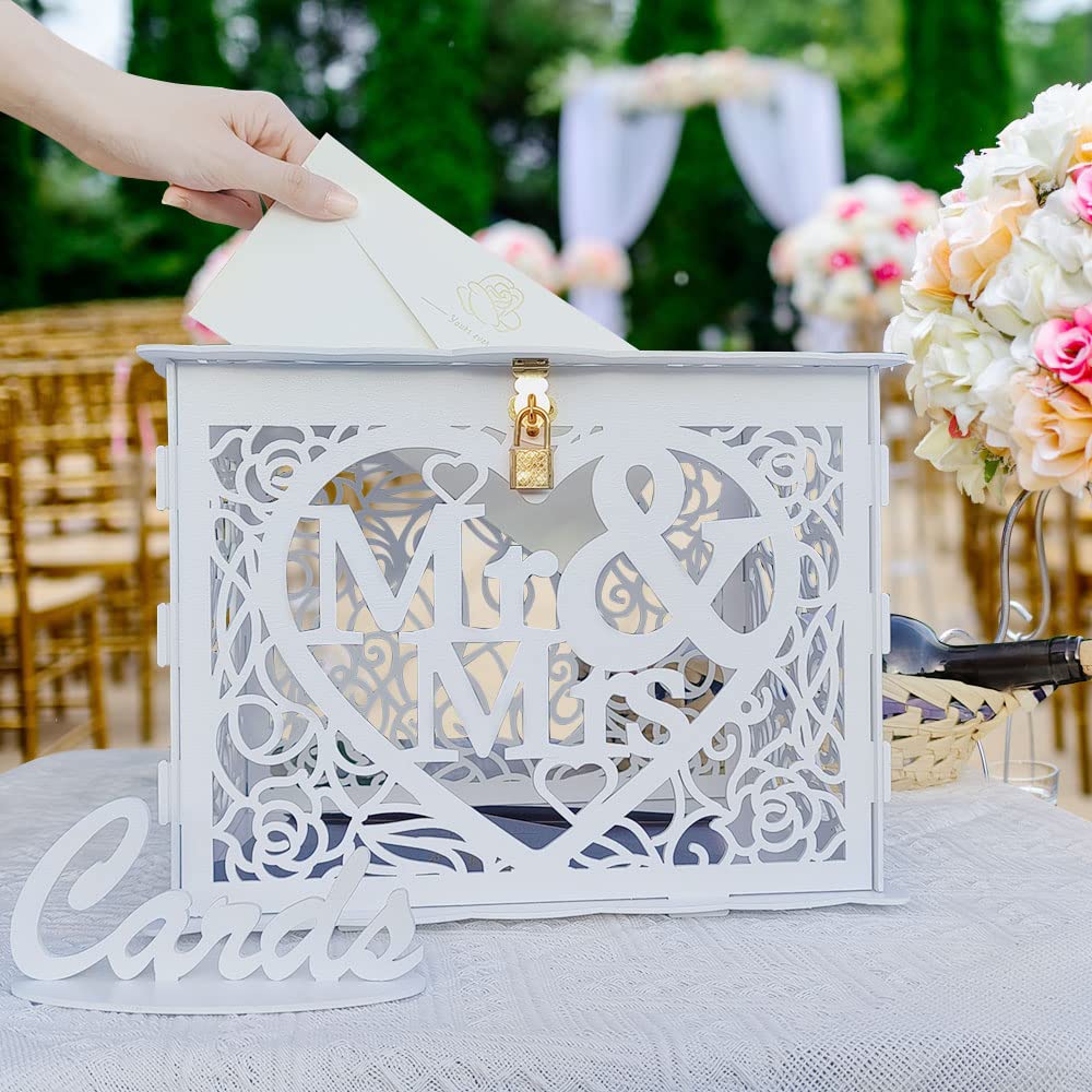 Jolik Wedding Money Box Holder with Sign, Large Rustic Wood Wooden DIY Envelop Gift Card Shadow Boxes with Lock Slot for Reception Anniversary Graduation Birthday Party Parties (Mr & Mrs, White)