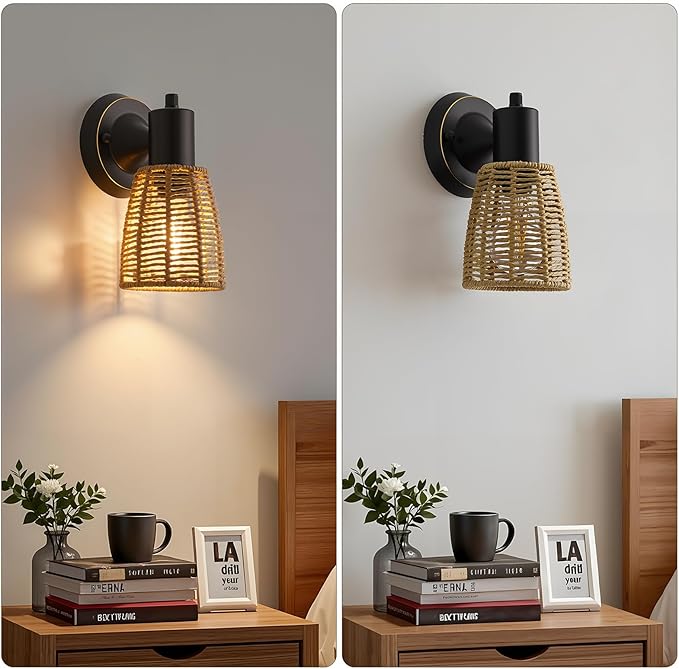 Boho Rattan Wall Sconces Set of 2 - Vanity Lights for Bathroom Farmhouse Wall Light Fixtures with Rotary Switch - Black Indoor Wall Mount Lighting Rustic Lamp for Bedroom Living Room Hallway