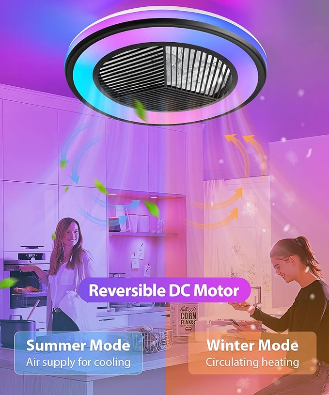2-in-1 Low Profile Ceiling Fan with Light, 20” Caged Safety Design for Kids - RGB Color, Smart APP/Remote Control, Quiet Flush Mount DC Motor, Triangle, Ideal for Bedroom/Living Room/Kitchen, Black