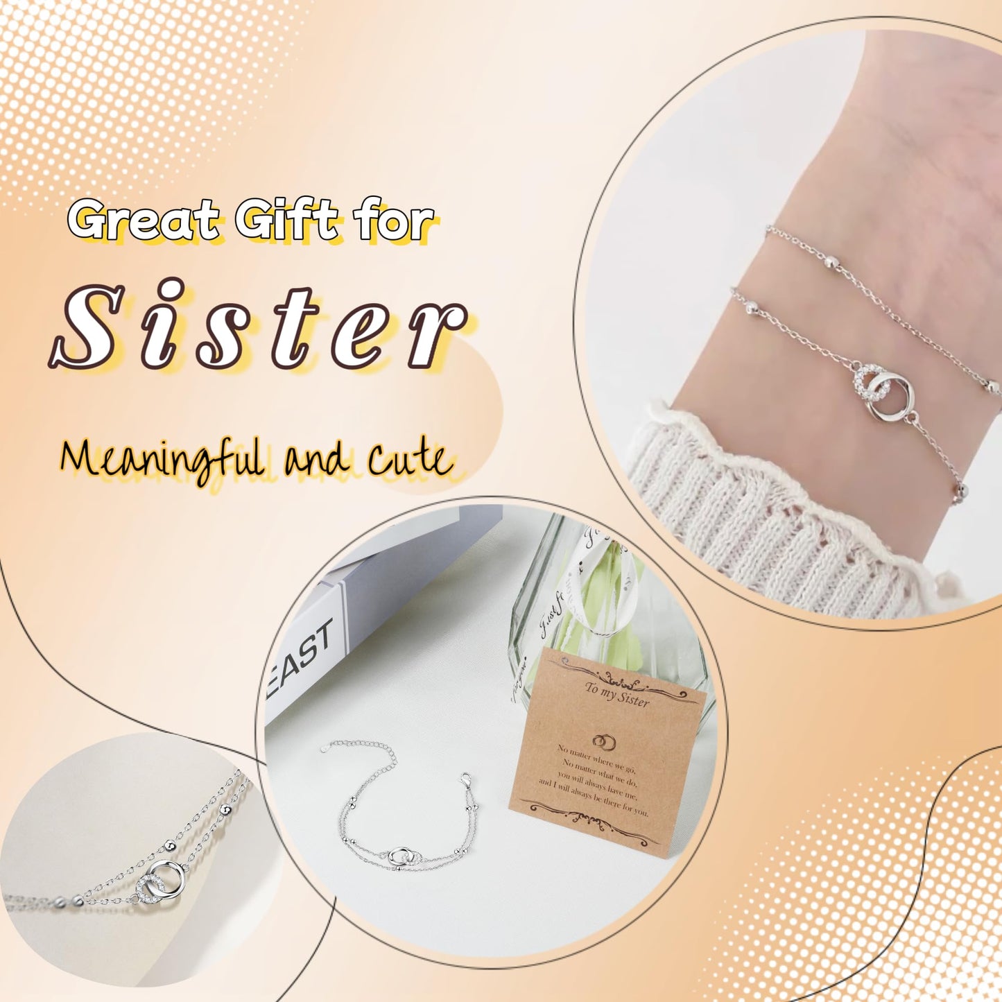 Sister Birthday Present : Cool Gifts for Adult Sister - Sterling Silver Interlocking 2 Circles-Dainty Layering Bracelets for Sisters, Christmas Valentine's Day Jewelry Gifts for BFF