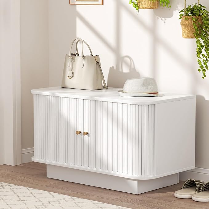 Fluted Entryway Bench with Shoe Storage, 31" W Small Shoe Bench with Sliding Door, Mud Room Benches with Seat, Upholstered Wooden Rack Organization for Living Room, Apartment, Dorm, White