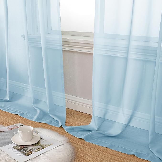 Aiyufeng 2 Pack: Basic Sky Blue Sheer Curtain Drapes 63 Inch Length 2 Panels for Living Room, Light Filtering Voile Drapes for Bedroom, Patio, Sliding Door, Each 40" W x 63" L