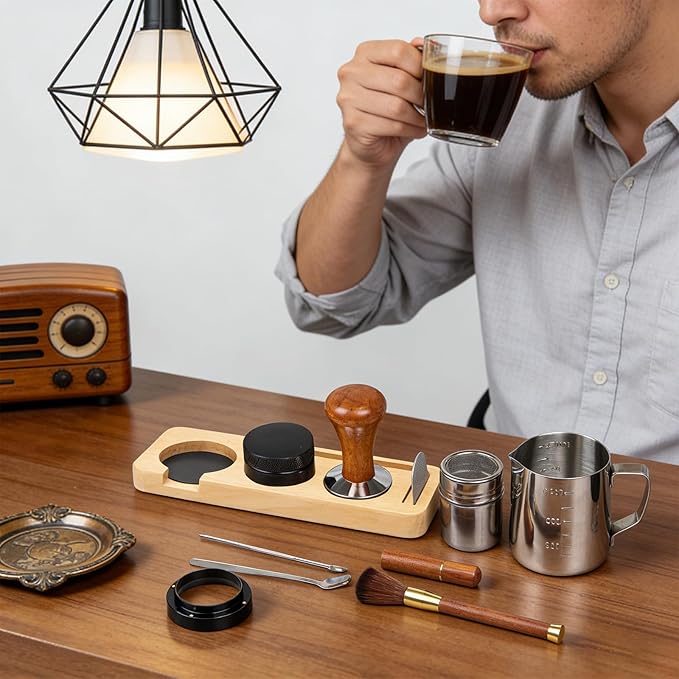 28PCS Espresso Accessories Kit,54mm Espresso Tamper Tools,Includes Wood Station,Distributor,Stirrer,Dosing Funnel,Brush,Puck Screen,Frothing Pitcher,Latte Pen,Powder Ring,Towel,Decorative Stencils