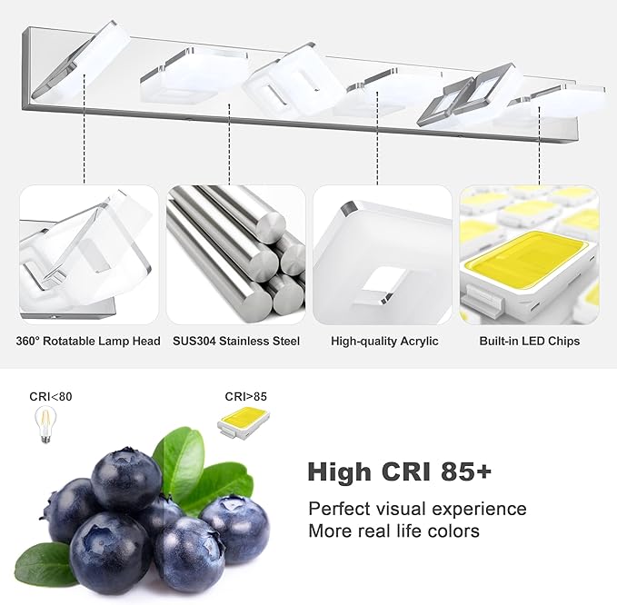 3 Colors Dimmable Bathroom Light Fixtures Over Mirror, LED Chrome Vanity Lights, Acrylic Stainless Steel 6 Light Bathroom Vanity Light, Adjustable 3000K/4000K/6000K, 360° Rotate