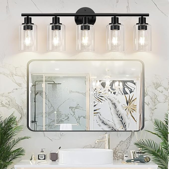 5-Light Bathroom Light Fixtures, Black Modern Vanity Lights with Clear Glass Shade, Bathroom Wall Lamp for Mirror Kitchen Living Room Hallway Cabinet Porch