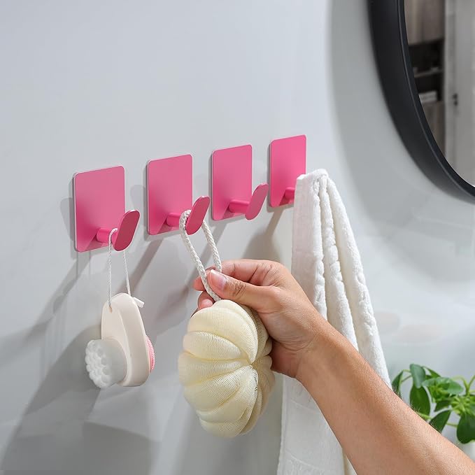 DELITON 4 Pack Hooks for Wall - Cute Kids Wall Hook Adhesive Coat Robe Towel Hooks for Bathrooms Kitchen Heavy Duty Stainless Steel, Pink