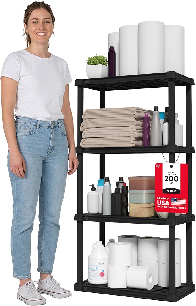 IRIS USA 4-Shelf Light Duty Plastic Storage Shelves, 200lb Capacity, 48" H x 24" W x 12" D, Medium Modular Shelving Unit Storage Organizer for Bathroom, Laundry, Garage & Home, Storage Rack - Black